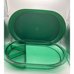 Tupperware Emerald Green Oval Serving Tray with Lid and 3 Section Divider 2015A